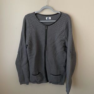 XL Gray sweater zip up with black faux leather edges. Bomber fit. Pockets.